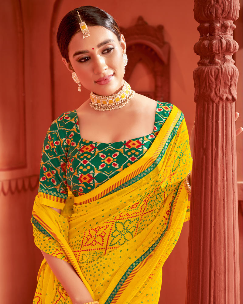 Vishal Prints Dark Yellow Printed Chiffon Bandhani Print Saree With Fancy Border