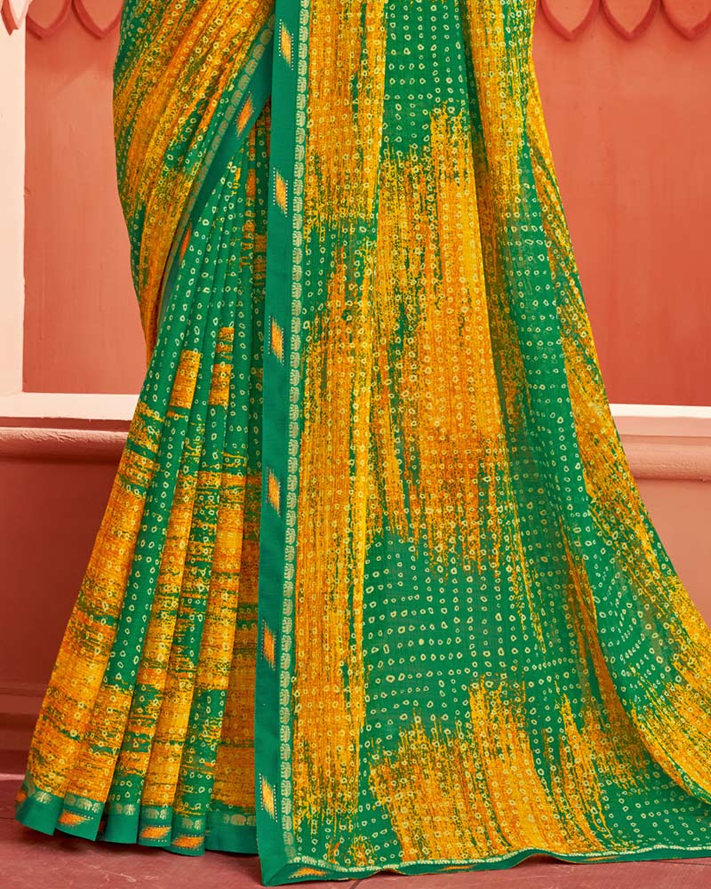 Vishal Prints Dark Green Printed Chiffon Bandhani Print Saree With Fancy Border