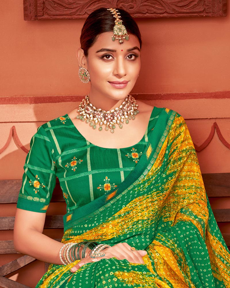 Vishal Prints Dark Green Printed Chiffon Bandhani Print Saree With Fancy Border