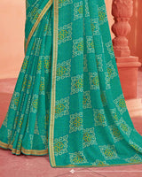 Vishal Prints Teal Blue Printed Chiffon Bandhani Print Saree With Zari Border
