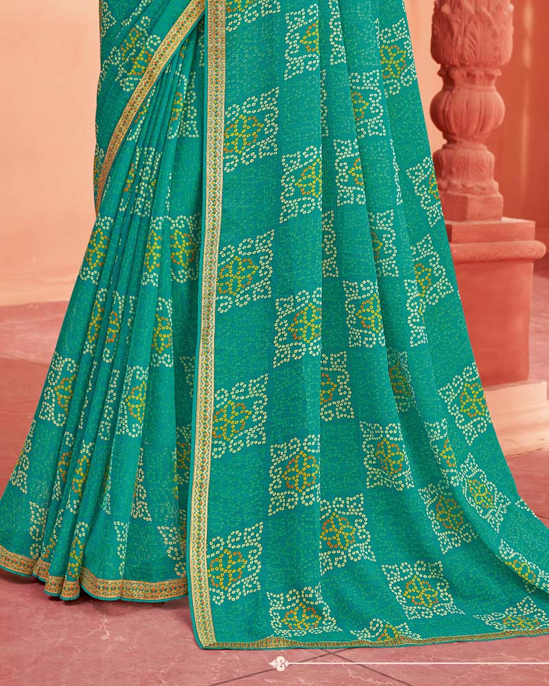 Vishal Prints Teal Blue Printed Chiffon Bandhani Print Saree With Zari Border