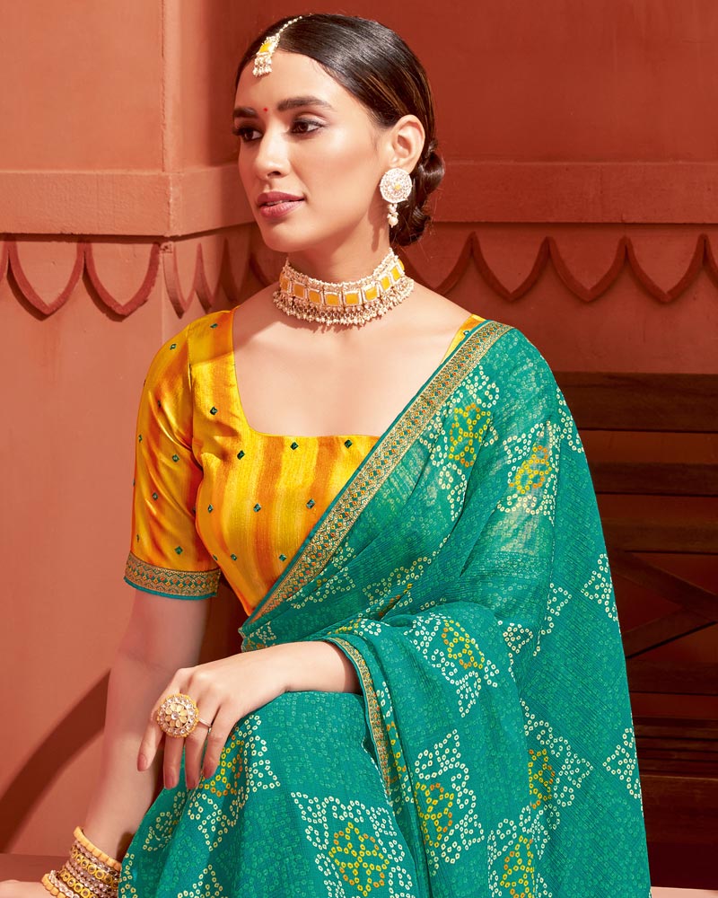 Vishal Prints Teal Blue Printed Chiffon Bandhani Print Saree With Zari Border
