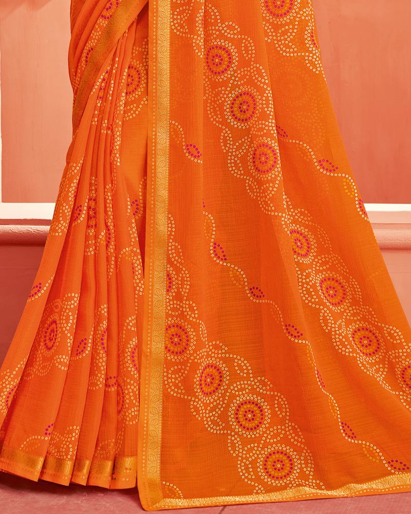 Vishal Prints Orange Printed Chiffon Bandhani Print Saree With Fancy Border