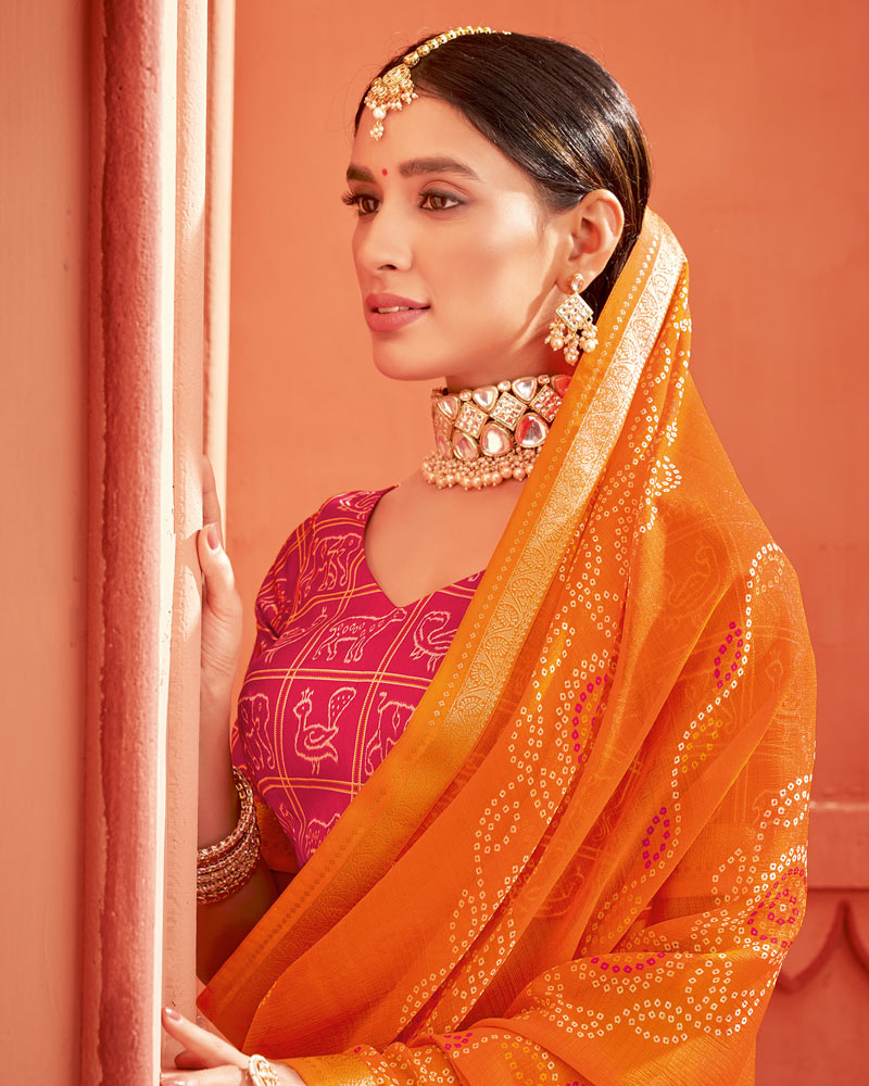 Vishal Prints Orange Printed Chiffon Bandhani Print Saree With Fancy Border