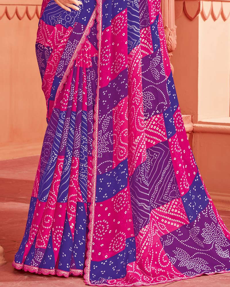 Vishal Prints Cerise Red Printed Chiffon Bandhani Print Saree With Cut Work Border