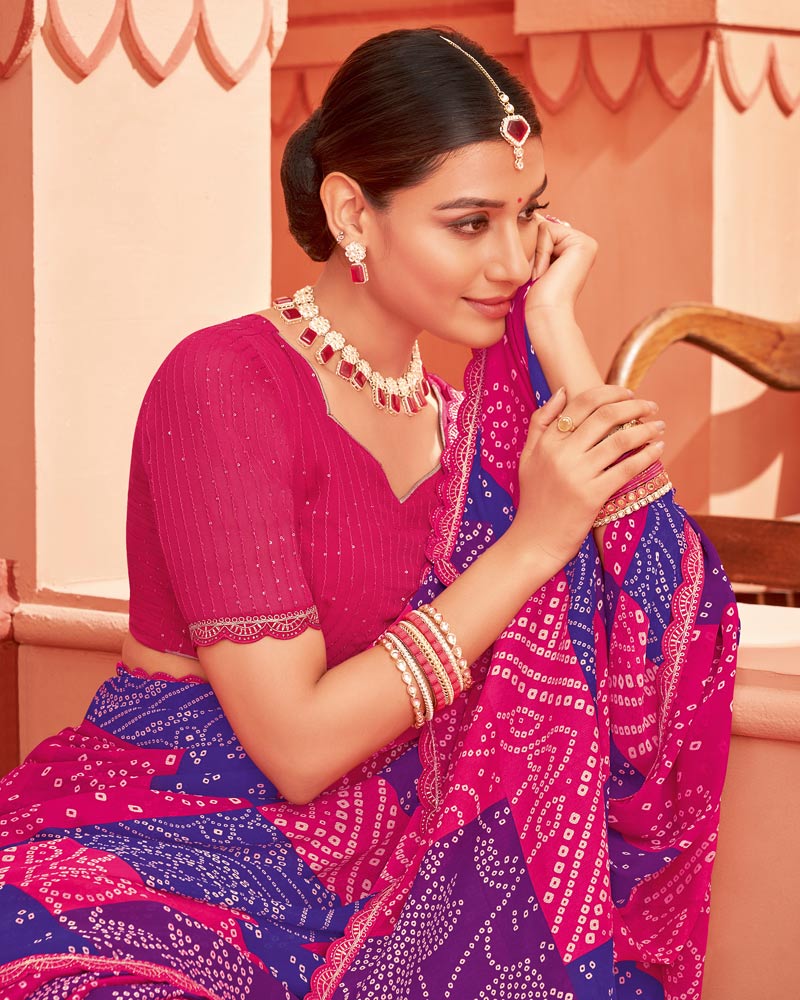 Vishal Prints Cerise Red Printed Chiffon Bandhani Print Saree With Cut Work Border