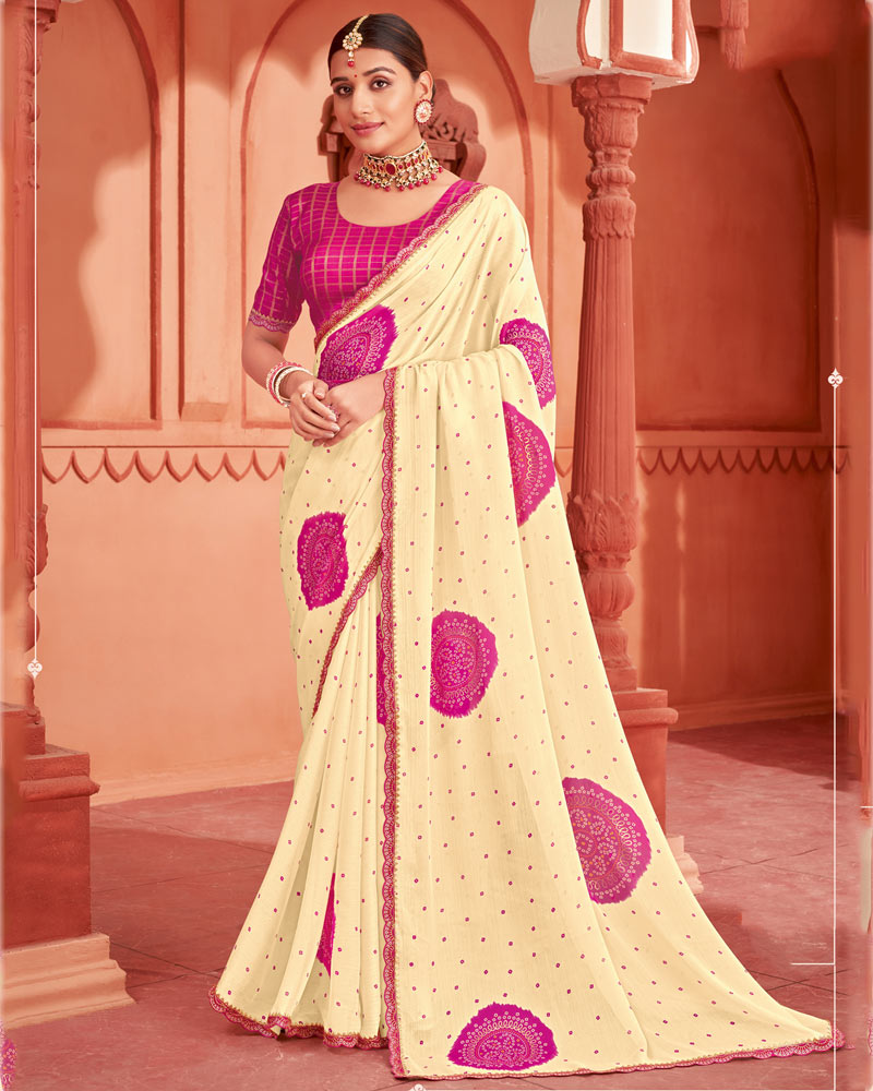 Vishal Prints Royal Cream Printed Chiffon Bandhani Print Saree With Foil Print And Cut Work Border