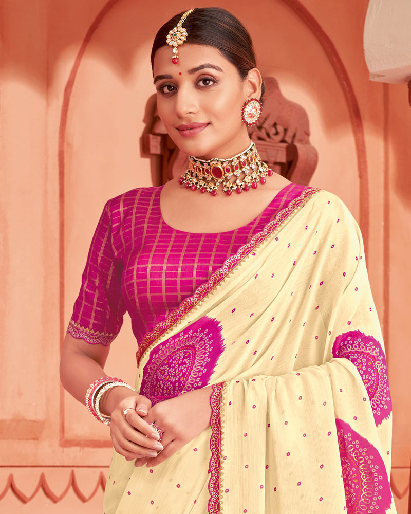 Vishal Prints Royal Cream Printed Chiffon Bandhani Print Saree With Foil Print And Cut Work Border