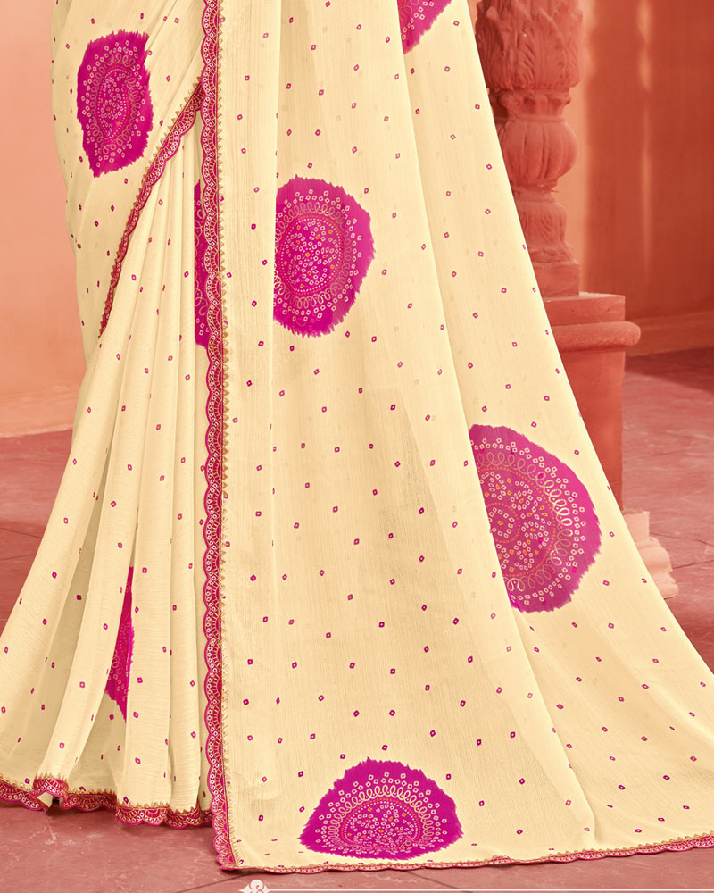 Vishal Prints Royal Cream Printed Chiffon Bandhani Print Saree With Foil Print And Cut Work Border