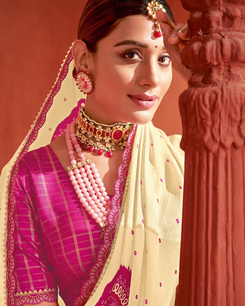 Vishal Prints Royal Cream Printed Chiffon Bandhani Print Saree With Foil Print And Cut Work Border