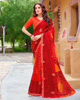 Vishal Prints Paprika Red Fancy Chiffon Traditional Print Saree With Foil Print And Cut Work Border