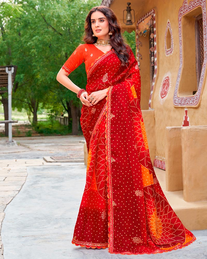 Vishal Prints Paprika Red Fancy Chiffon Traditional Print Saree With Foil Print And Cut Work Border