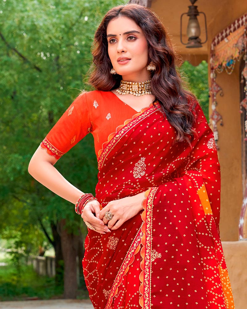 Vishal Prints Paprika Red Fancy Chiffon Traditional Print Saree With Foil Print And Cut Work Border