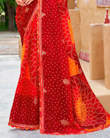 Vishal Prints Paprika Red Fancy Chiffon Traditional Print Saree With Foil Print And Cut Work Border