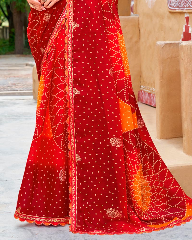 Vishal Prints Paprika Red Fancy Chiffon Traditional Print Saree With Foil Print And Cut Work Border