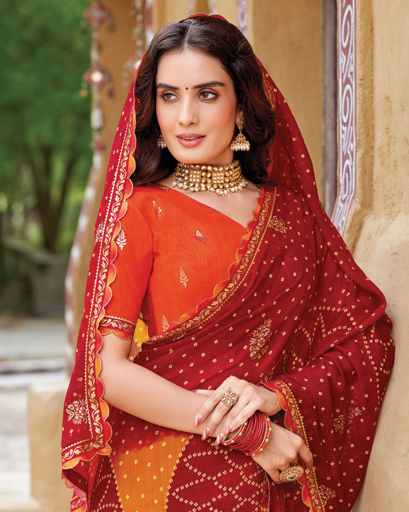 Vishal Prints Paprika Red Fancy Chiffon Traditional Print Saree With Foil Print And Cut Work Border
