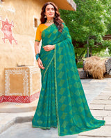 Vishal Prints Dark Teal Green Fancy Chiffon Traditional Print Saree With Cut Work Border