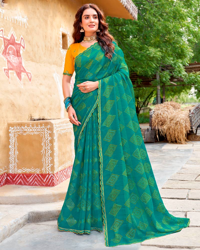 Vishal Prints Dark Teal Green Fancy Chiffon Traditional Print Saree With Cut Work Border