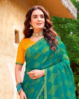 Vishal Prints Dark Teal Green Fancy Chiffon Traditional Print Saree With Cut Work Border