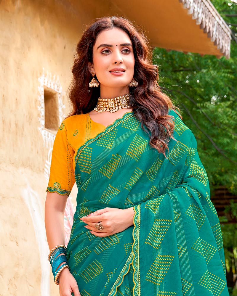 Vishal Prints Dark Teal Green Fancy Chiffon Traditional Print Saree With Cut Work Border