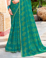 Vishal Prints Dark Teal Green Fancy Chiffon Traditional Print Saree With Cut Work Border