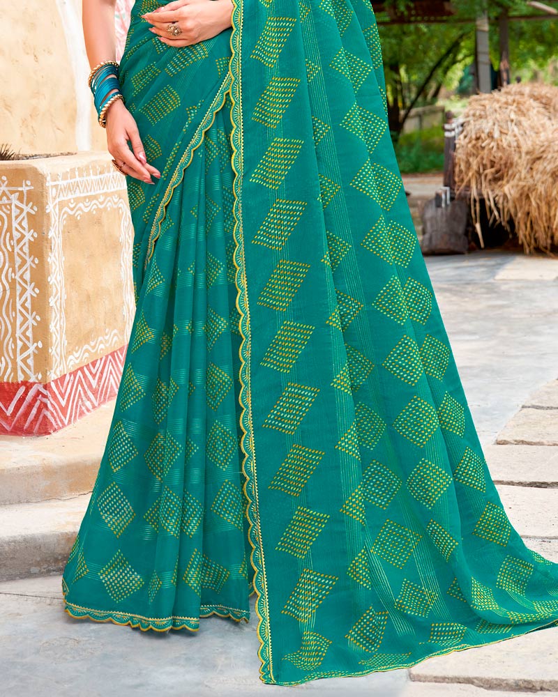 Vishal Prints Dark Teal Green Fancy Chiffon Traditional Print Saree With Cut Work Border