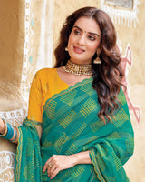 Vishal Prints Dark Teal Green Fancy Chiffon Traditional Print Saree With Cut Work Border