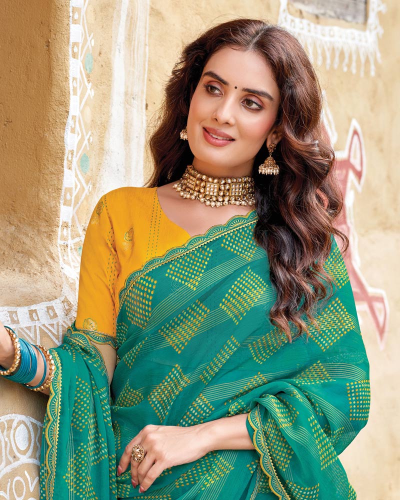 Vishal Prints Dark Teal Green Fancy Chiffon Traditional Print Saree With Cut Work Border