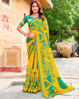 Vishal Prints Golden Yellow Fancy Chiffon Traditional Print Saree With Cut Work Border