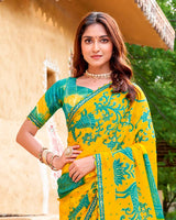 Vishal Prints Golden Yellow Fancy Chiffon Traditional Print Saree With Cut Work Border