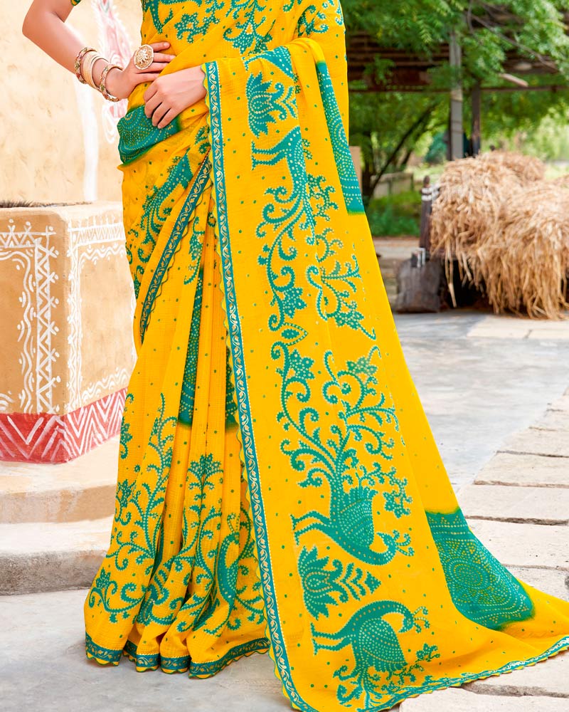 Vishal Prints Golden Yellow Fancy Chiffon Traditional Print Saree With Cut Work Border