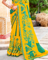 Vishal Prints Golden Yellow Fancy Chiffon Traditional Print Saree With Cut Work Border