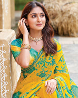 Vishal Prints Golden Yellow Fancy Chiffon Traditional Print Saree With Cut Work Border