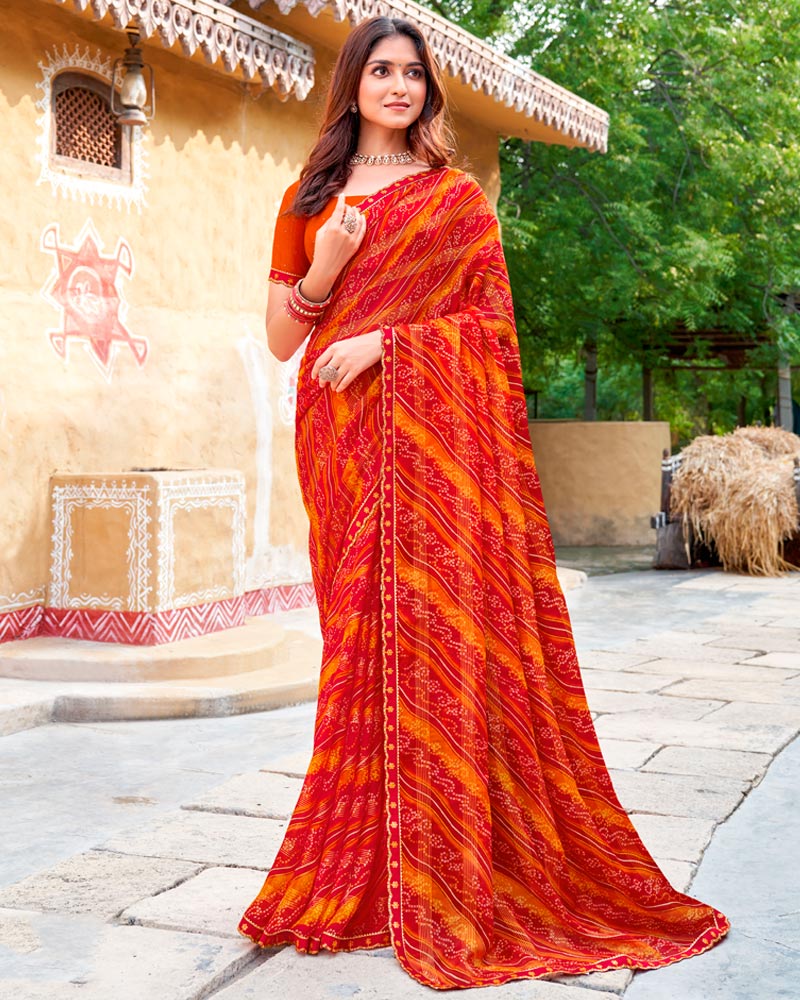 Vishal Prints Paprika Red And Deep Orange Fancy Chiffon Traditional Print Saree With Cut Work Border