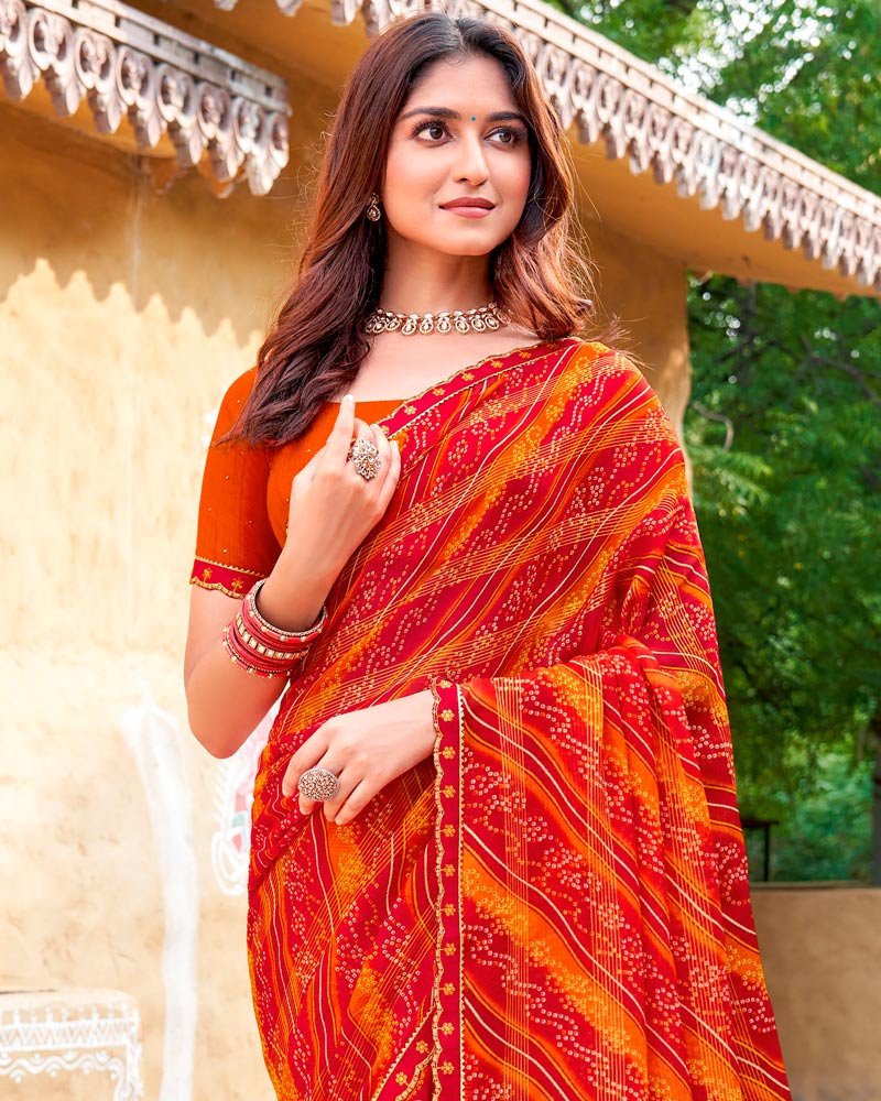 Vishal Prints Paprika Red And Deep Orange Fancy Chiffon Traditional Print Saree With Cut Work Border