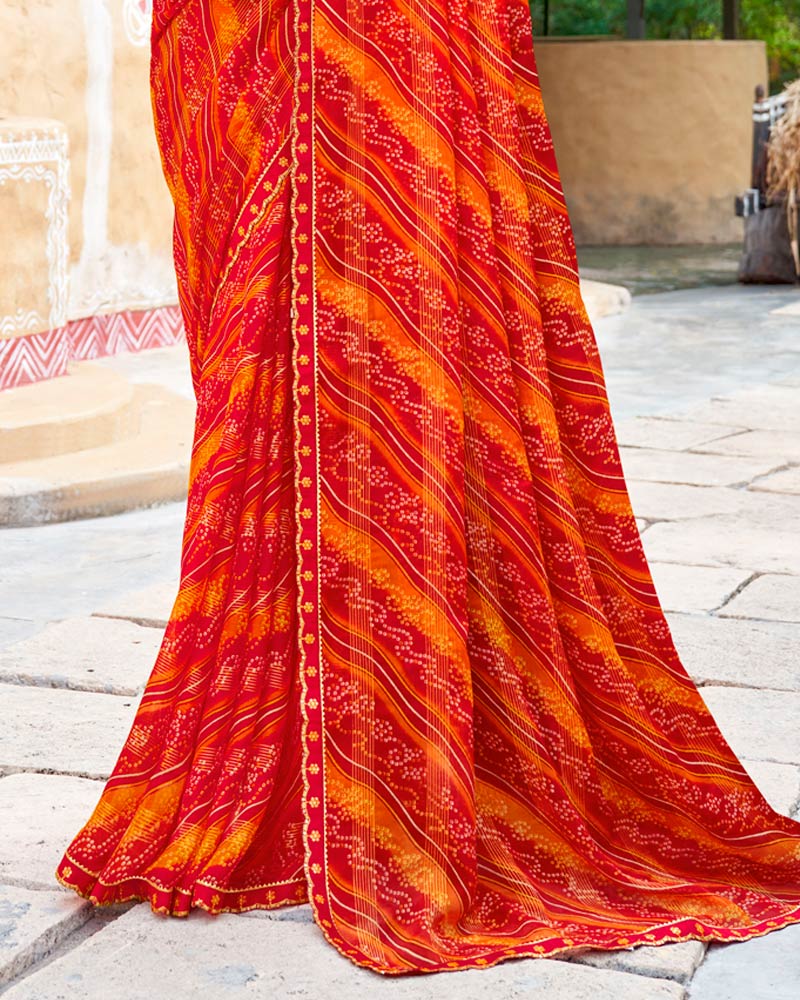 Vishal Prints Paprika Red And Deep Orange Fancy Chiffon Traditional Print Saree With Cut Work Border