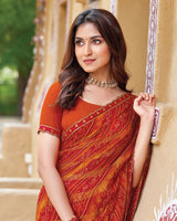Vishal Prints Paprika Red And Deep Orange Fancy Chiffon Traditional Print Saree With Cut Work Border