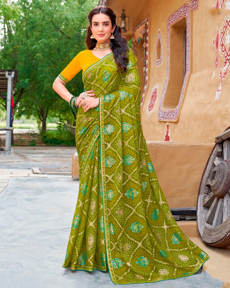 Vishal Prints Olive Green Fancy Chiffon Traditional Print Saree With Foil Print And Fancy Border