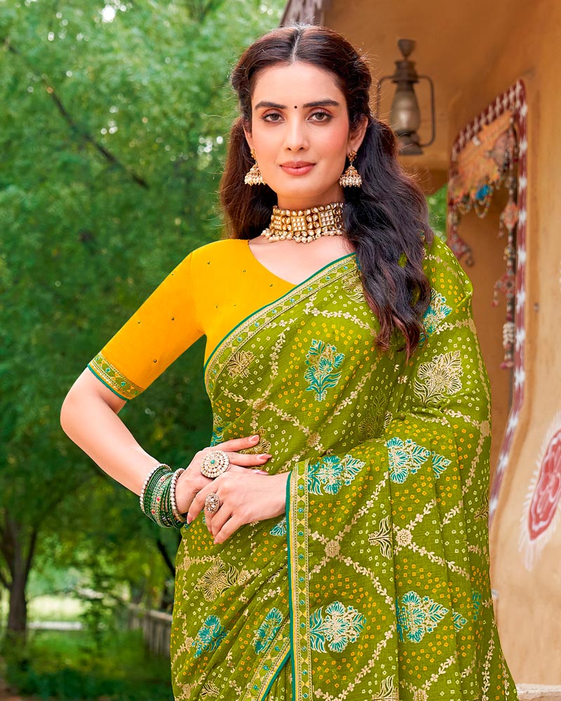 Vishal Prints Olive Green Fancy Chiffon Traditional Print Saree With Foil Print And Fancy Border