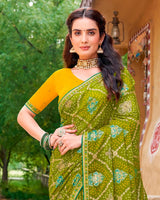 Vishal Prints Olive Green Fancy Chiffon Traditional Print Saree With Foil Print And Fancy Border