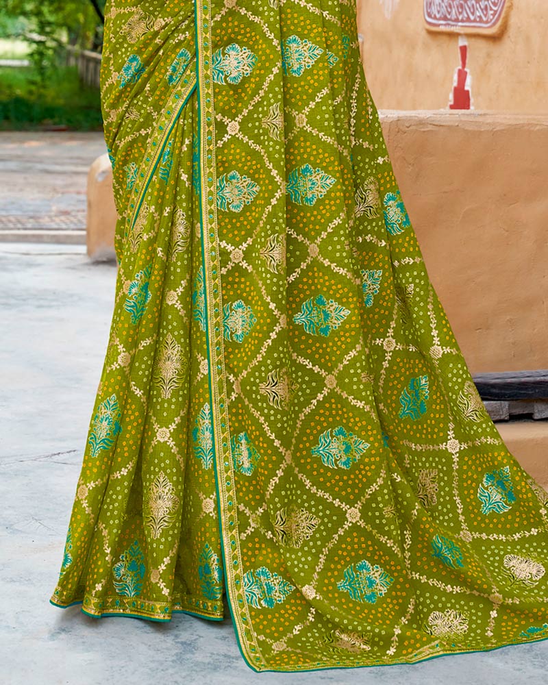 Vishal Prints Olive Green Fancy Chiffon Traditional Print Saree With Foil Print And Fancy Border