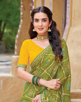 Vishal Prints Olive Green Fancy Chiffon Traditional Print Saree With Foil Print And Fancy Border