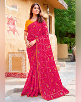Vishal Prints Purplish Red Fancy Chiffon Traditional Print Saree With Foil Print And Fancy Border