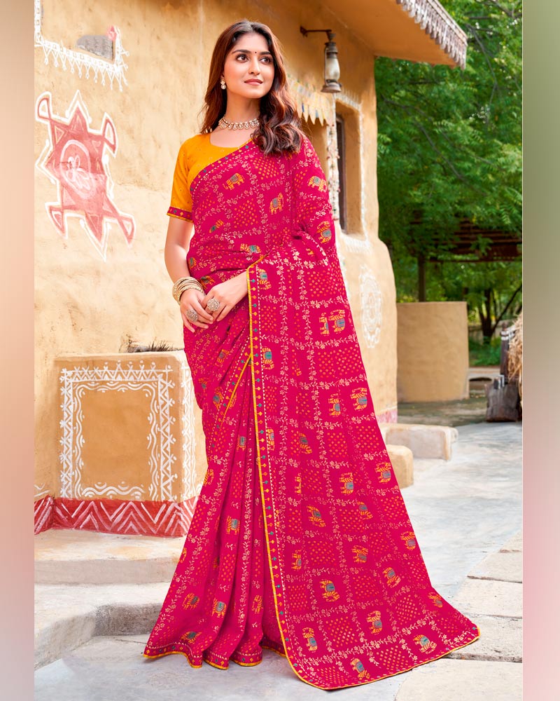 Vishal Prints Purplish Red Fancy Chiffon Traditional Print Saree With Foil Print And Fancy Border
