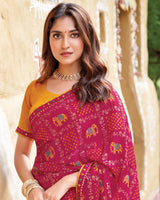 Vishal Prints Purplish Red Fancy Chiffon Traditional Print Saree With Foil Print And Fancy Border