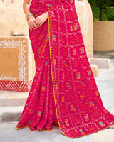 Vishal Prints Purplish Red Fancy Chiffon Traditional Print Saree With Foil Print And Fancy Border