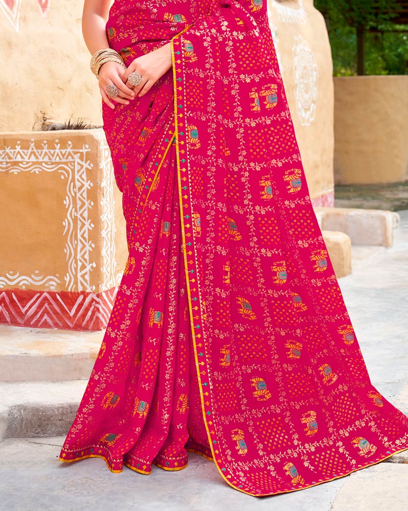 Vishal Prints Purplish Red Fancy Chiffon Traditional Print Saree With Foil Print And Fancy Border