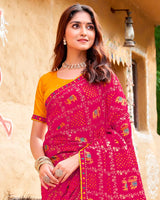 Vishal Prints Purplish Red Fancy Chiffon Traditional Print Saree With Foil Print And Fancy Border