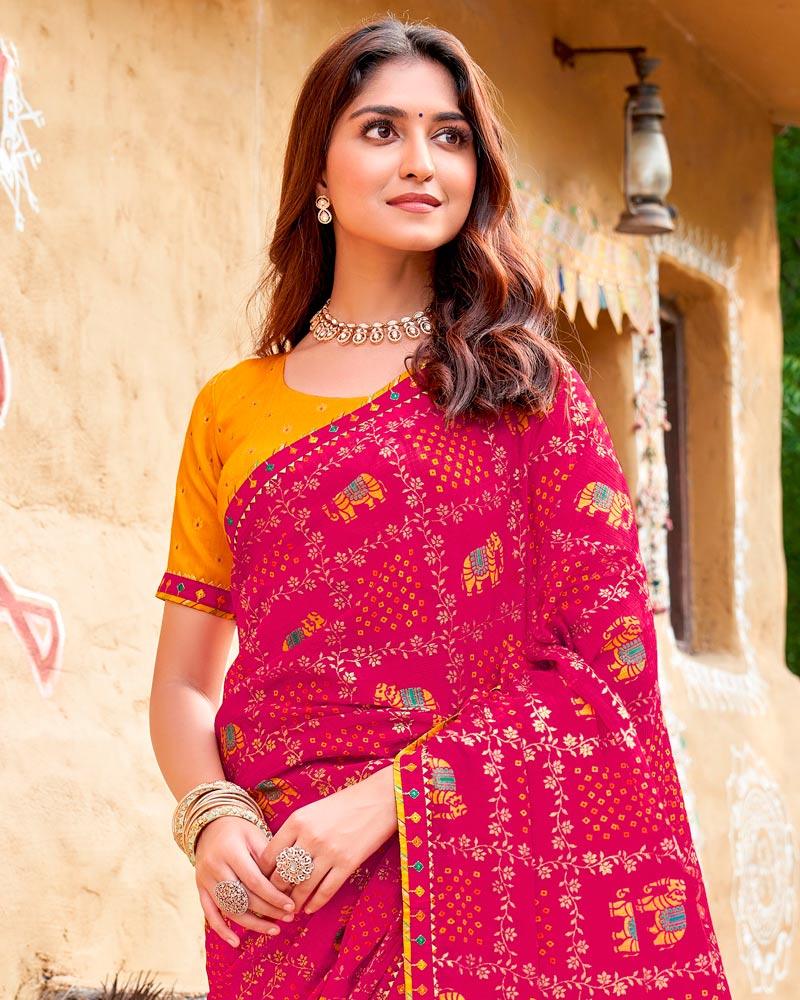 Vishal Prints Purplish Red Fancy Chiffon Traditional Print Saree With Foil Print And Fancy Border