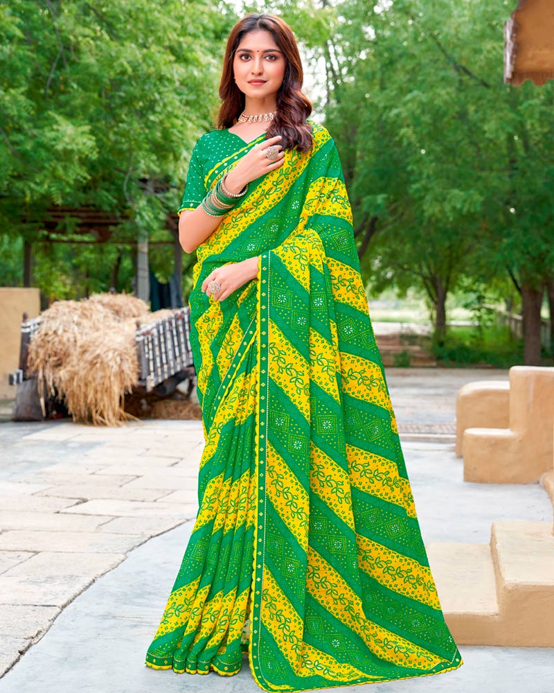 Vishal Prints Forest Green And Dark Yellow Fancy Chiffon Traditional Print Saree With Foil Print And Cut Work Border